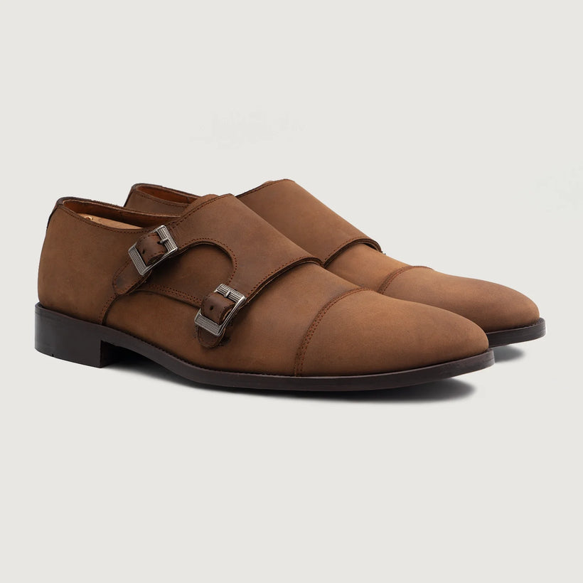 Boston Double Monk Strap Oil Pull-up Marrón Leather Shoes para Hombre