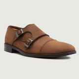 High-Traction Rubber Outsole & Lug Tread Pattern on Boston Double Monk Strap Oil Pull-up Brown Leather Shoes For Men