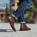 Styled Fit Perspective of Duster Brogues Derby Brown Leather Boots on Model - Natural Daylight Drape