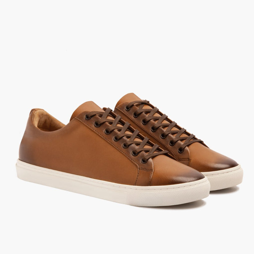 Premier Low Top Toffee Leather Sneakers For Men in Classic Full-Grain Leather - Lateral Side Profile View | Buy Online