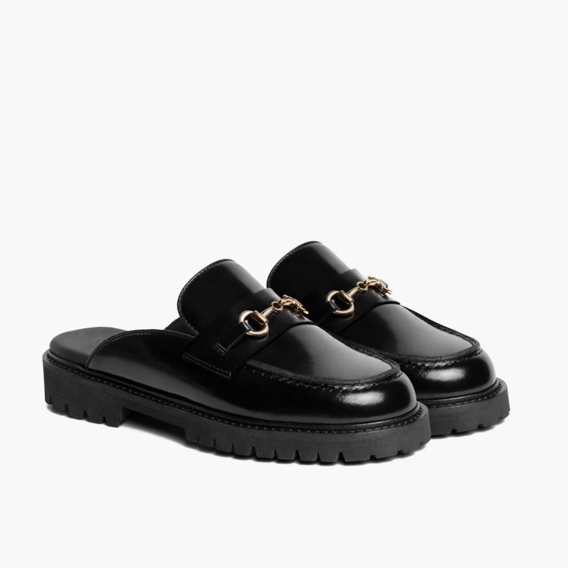 Penny Mule Negro & Gold Leather Loafers para Mujer