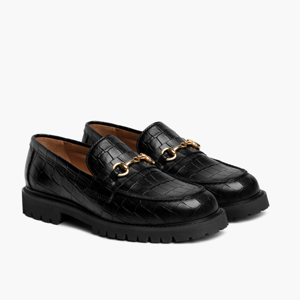 Penny Negro & Gold Croco Mocasines de cuero para Mujer en cuero vacuno negro auténtico - Vista de perfil | Comprar online
