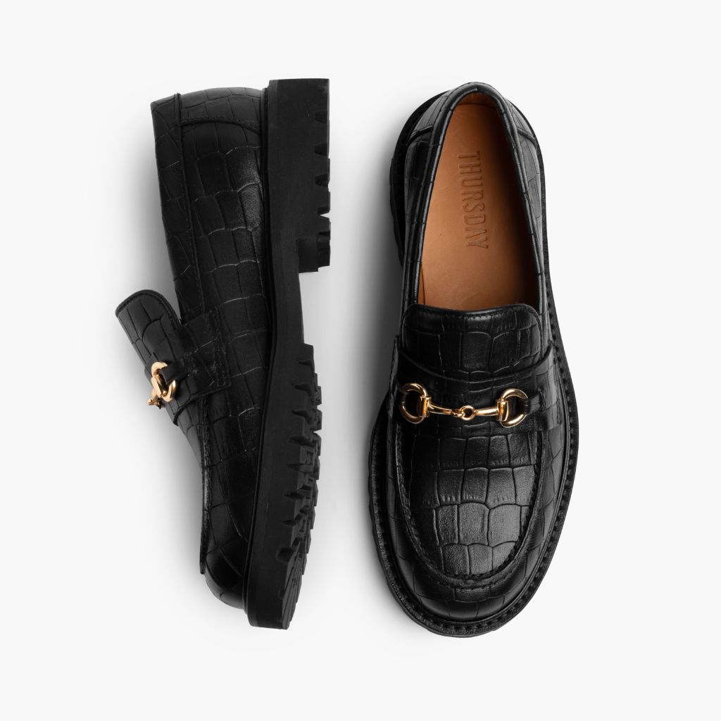 Penny Negro & Gold Croco Mocasines de cuero para Mujer - Contrafuerte de talón reforzado y doble costura de precisión