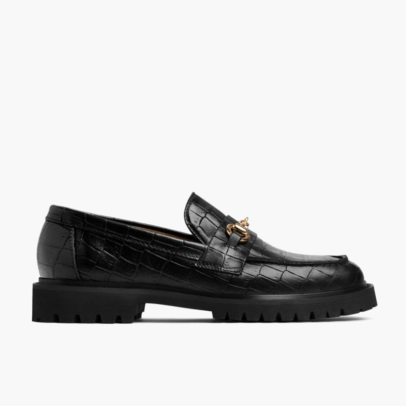 Penny Negro & Gold Croco Leather Loafers para Mujer