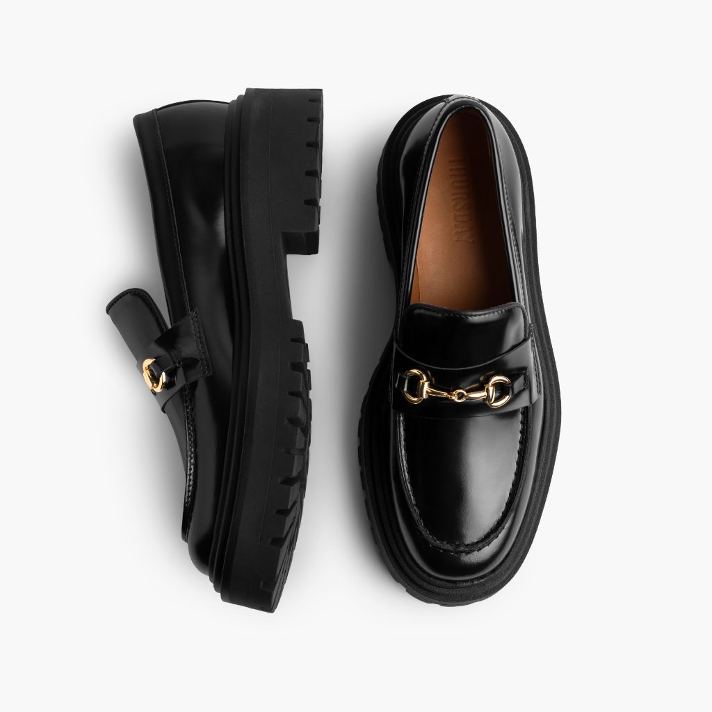 Penny Platform Negro & Gold Mocasines de cuero para Mujer - Contrafuerte de talón reforzado y doble costura de precisión