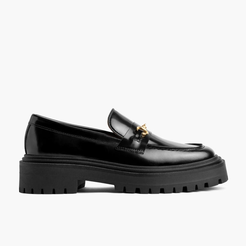 Penny Platform Negro & Gold Leather Loafers para Mujer