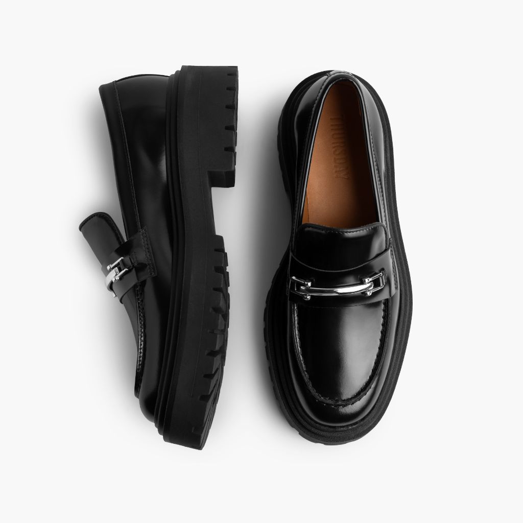 Penny Platform Negro & Silver Mocasines de cuero para Mujer - Contrafuerte de talón reforzado y doble costura de precisión