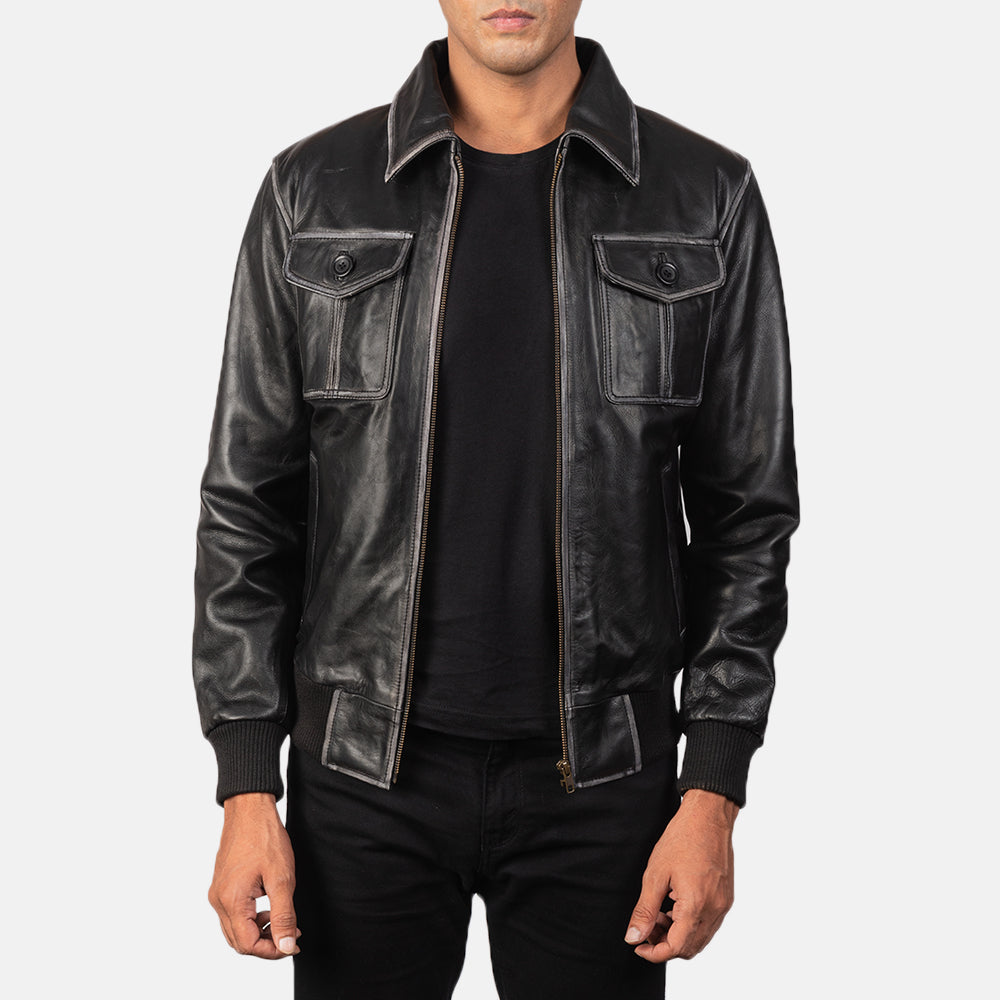 Men's Aaron Distressed Black Leather Bomber Jacket in Black Cowhide Leather - Vista frontal y silueta a medida | Comprar online