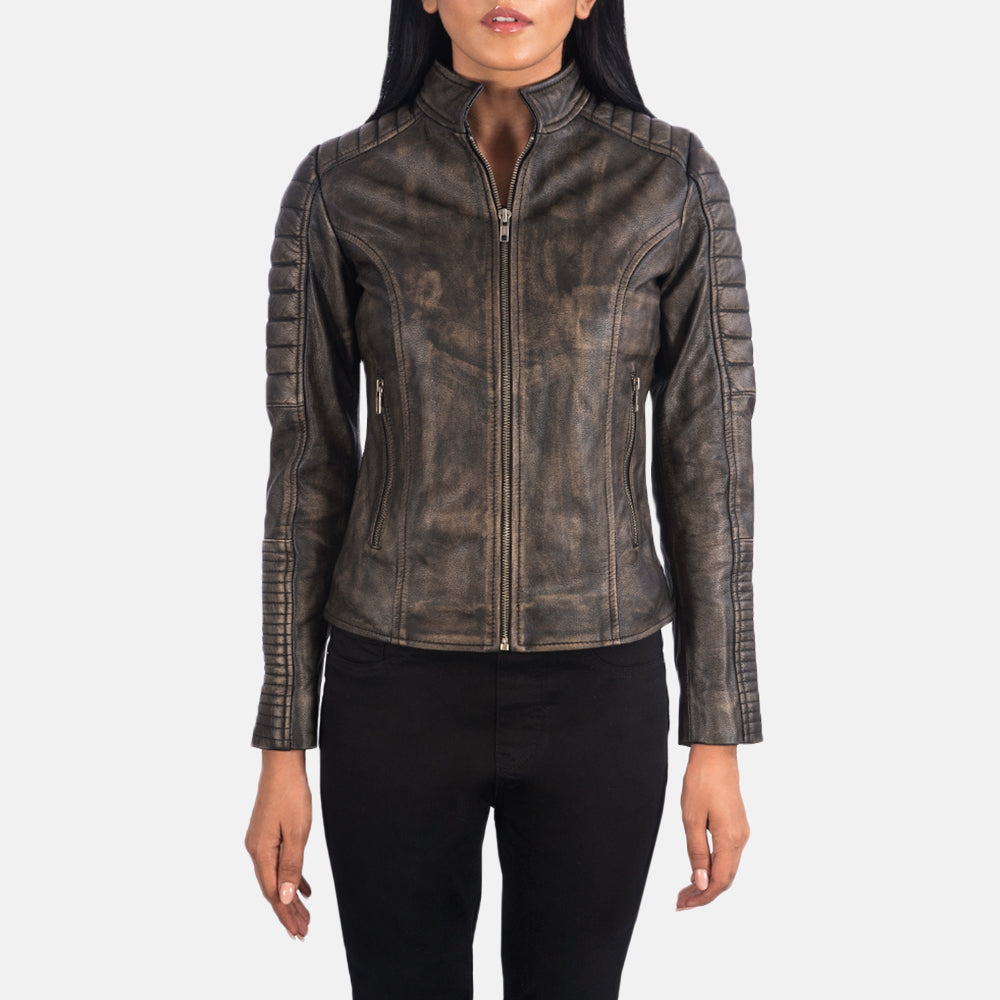 
Vista de detalle of Band & Zipper Hardware on Adalyn Acolchado Marrón Envejecido Chaqueta Biker de Cuero para Mujer