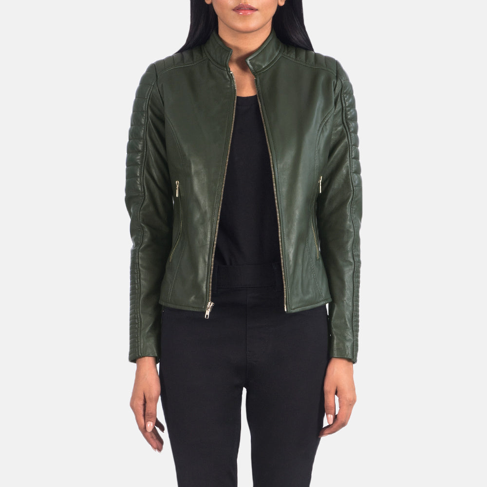 
Adalyn Acolchado Verde Chaqueta Biker de Cuero para Mujer in Green Sheepskin Leather - Vista frontal y silueta entallada | Comprar online