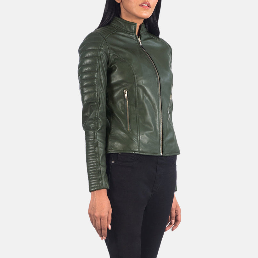 Adalyn Acolchado Verde Chaqueta Biker de Cuero para Mujer