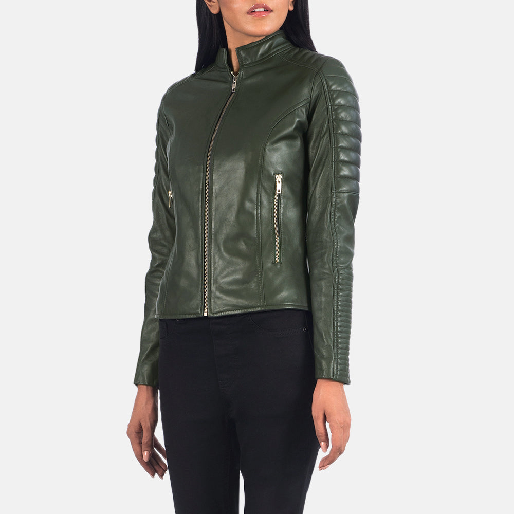 
Vista de detalle of Band & Zipper Hardware on Adalyn Acolchado Verde Chaqueta Biker de Cuero para Mujer