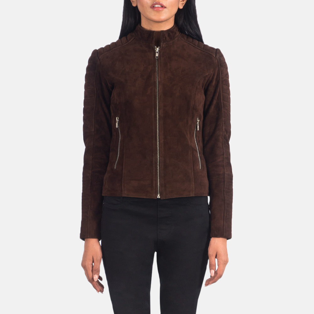 
Adalyn Acolchado Moca Suede Chaqueta Biker de Cuero para Mujer in Mocha Brown Goatskin Suede - Vista frontal y silueta entallada | Comprar online