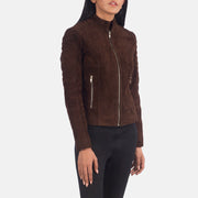 
Mocha Brown Goatskin Suede Biker Jacket - Vista posterior con hombros definidos y bajo impecable