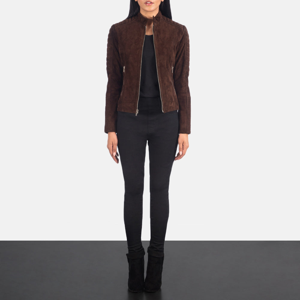 
Vista de detalle of Band & Zipper Hardware on Adalyn Acolchado Moca Suede Chaqueta Biker de Cuero para Mujer