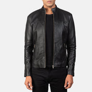 Men's Adornica Negro Chaqueta Biker de Cuero para Hombre in Black Sheepskin Leather - Vista frontal y silueta a medida | Comprar online