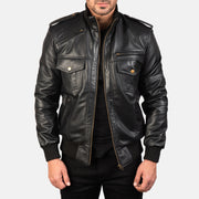 Men's Agent Shadow Black Leather Bomber Jacket in Black Sheepskin Leather - Vista frontal y silueta a medida | Comprar online