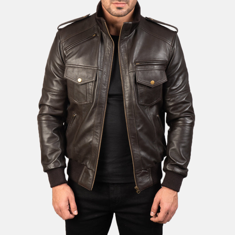 Agent Shadow Marrón Cazadora Bomber de Cuero para Hombre