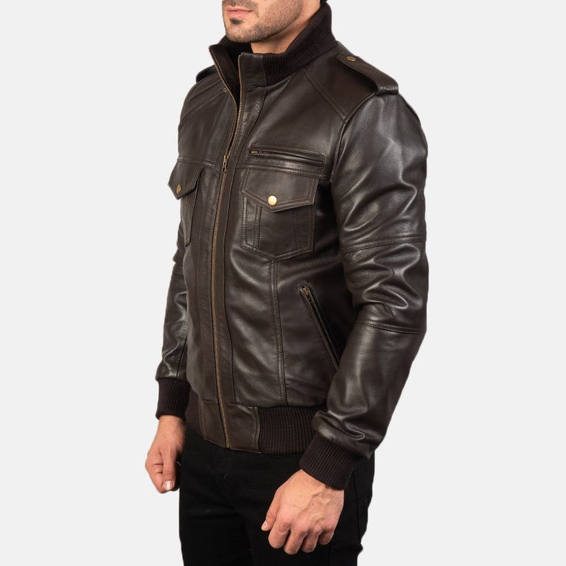 Agent Shadow Marrón Cazadora Bomber de Cuero para Hombre