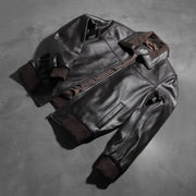 
Rib Knit & Hem Craftsmanship Construction Detail on Air Rolf Mocha Brown Leather Bomber Jacket