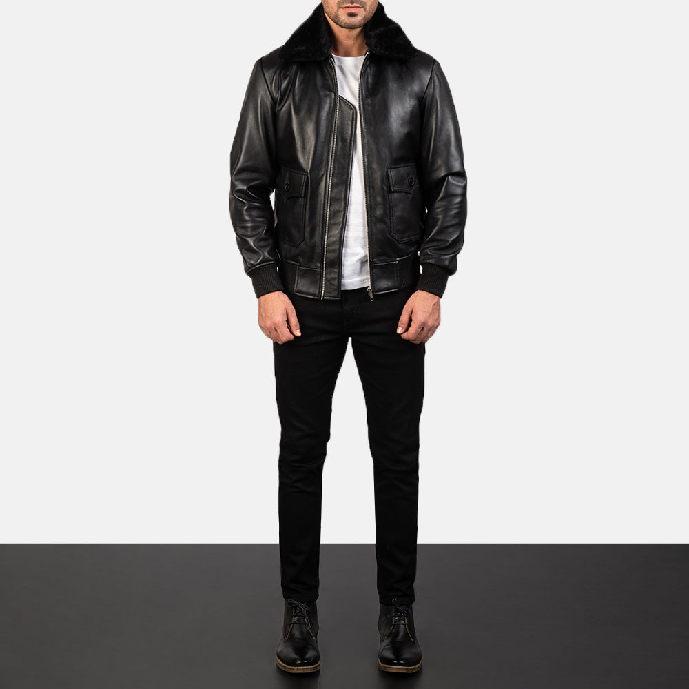 Men's Airin G-1 Negro Cazadora Bomber de Cuero para Hombre - Vista de perfil lateral con corte ergonómico de manga