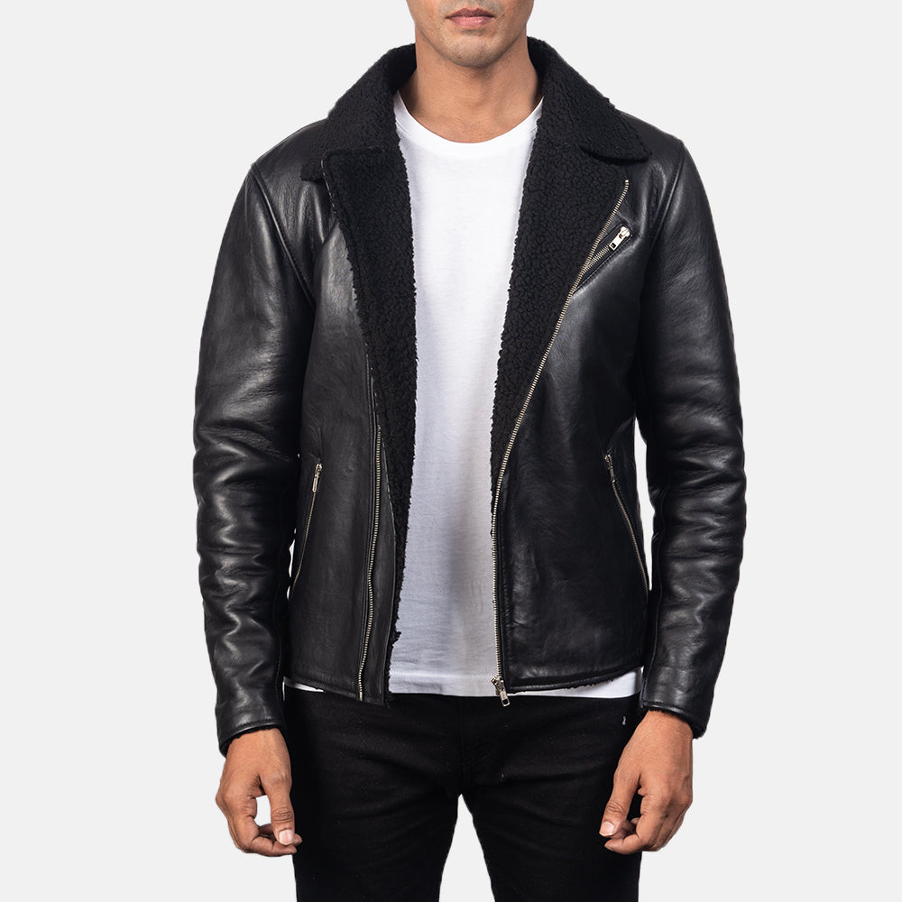 Men's Alberto Shearling Negro Chaqueta de Cuero para Hombre in Black Sheepskin Leather - Vista frontal y silueta a medida | Comprar online