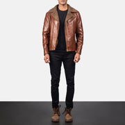 Detalle de cerca of Notch &amp; Zipper Hardware on Men's Alberto Shearling Marrón Chaqueta de Cuero para Hombre