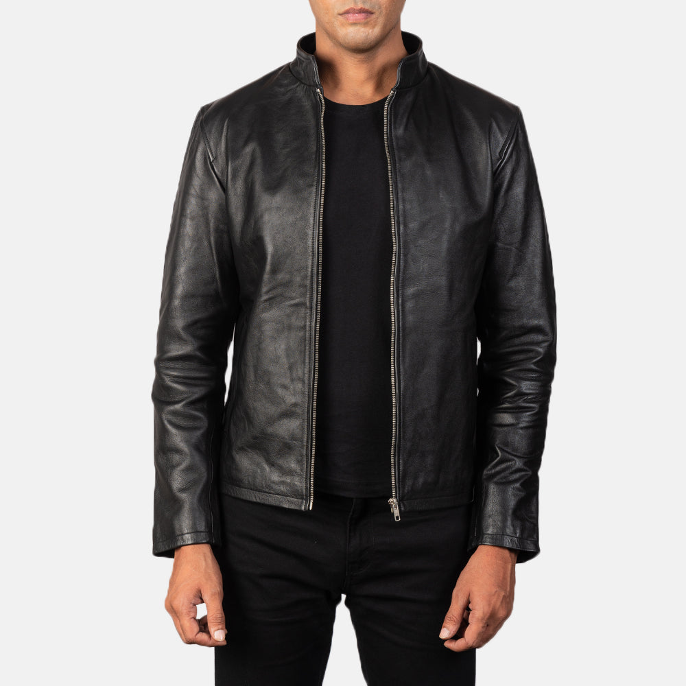 Men's Alex Black Leather Biker Jacket in Black Cowhide Leather - Vista frontal y silueta a medida | Comprar online