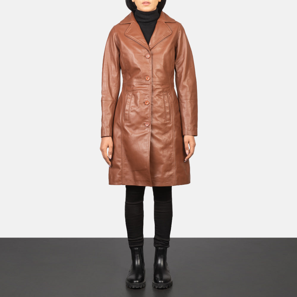 Women's Alexis Marrón Single Breasted Abrigo de Cuero para Mujer - Vista de perfil lateral con corte ergonómico de manga