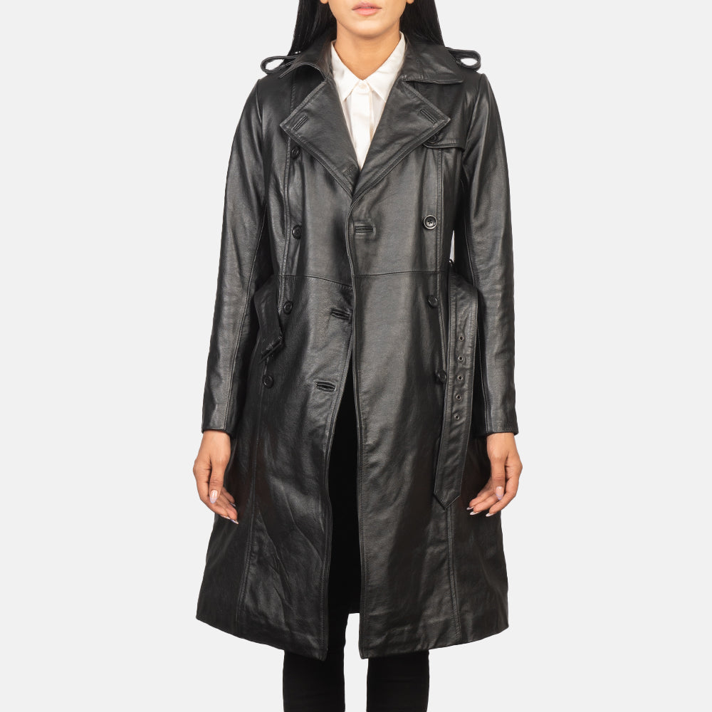 Women's Alice Black Double Breasted Leather Coat - Vista de perfil lateral con corte ergonómico de manga