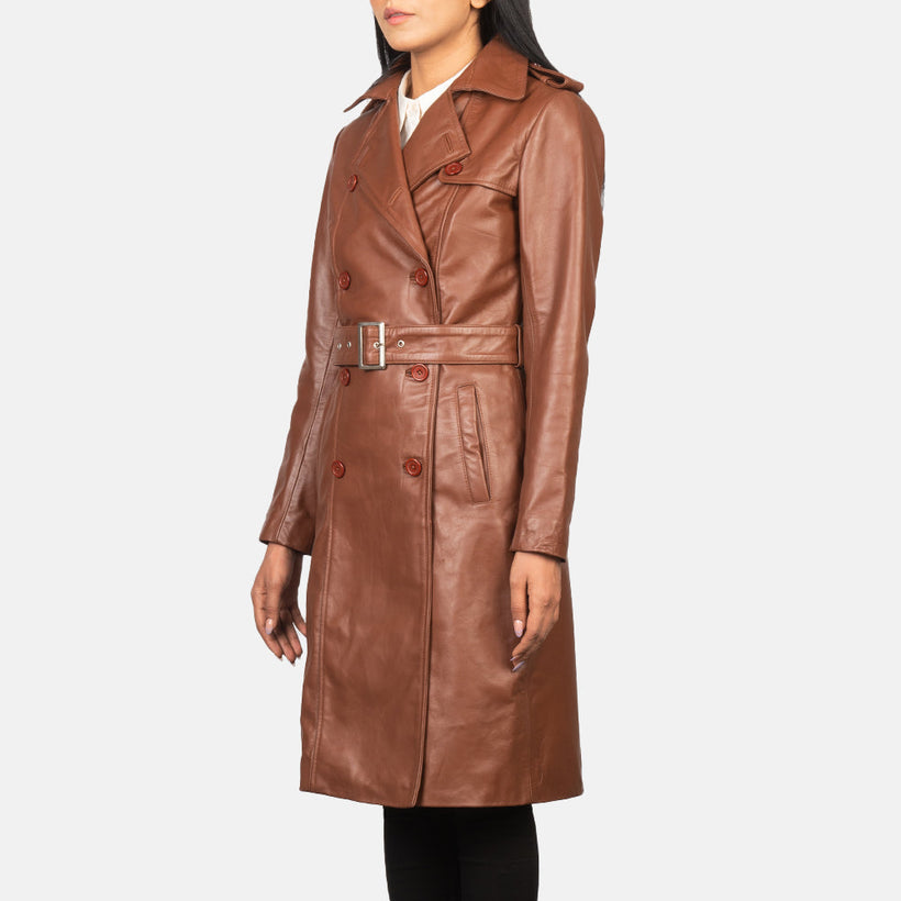 Alice Marrón Double Breasted Abrigo de Cuero para Mujer