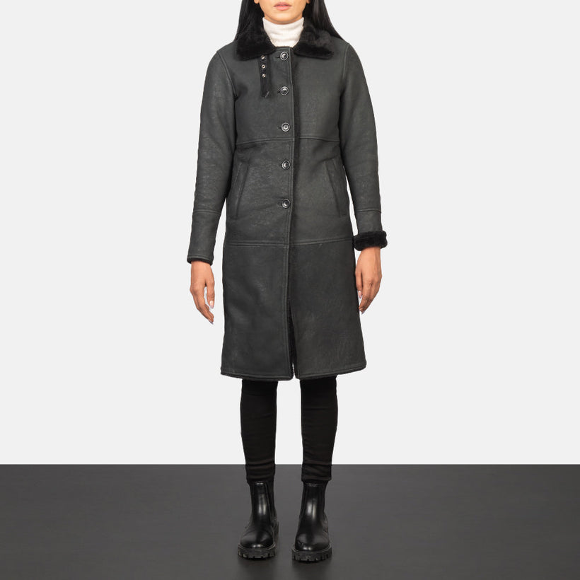 Alina Shearling Negro Abrigo de Cuero para Mujer