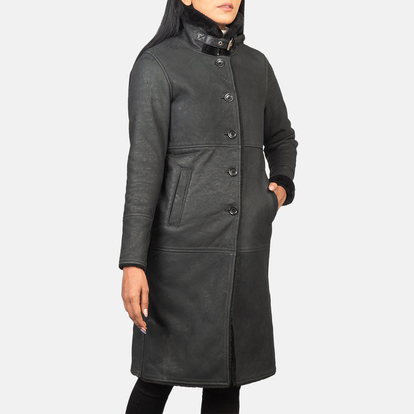 Alina Shearling Negro Abrigo de Cuero para Mujer