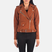 Women's Alison Marrón Suede Chaqueta Biker de Cuero para Mujer in Brown Goatskin Suede - Vista frontal y silueta a medida | Comprar online