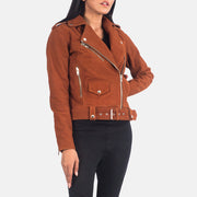 Detalle de cerca of Notch &amp; Zipper Hardware on Women's Alison Marrón Suede Chaqueta Biker de Cuero para Mujer