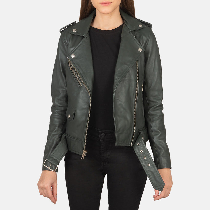 Alison Verde Chaqueta Biker de Cuero para Mujer