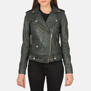 Detalle de cerca of Notch &amp; Zipper Hardware on Women's Alison Verde Chaqueta Biker de Cuero para Mujer