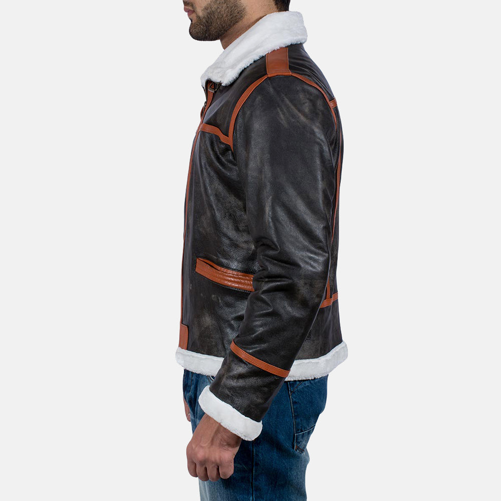 Close-Up Detail of High neck with Belt & Zipper Hardware on Men's Alpine Brown Fur Leather Jacket