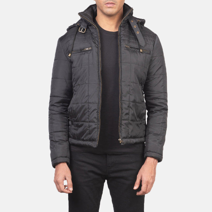Alps Acolchado Negro Hooded Windbreaker Chaqueta de Cuero para Hombre