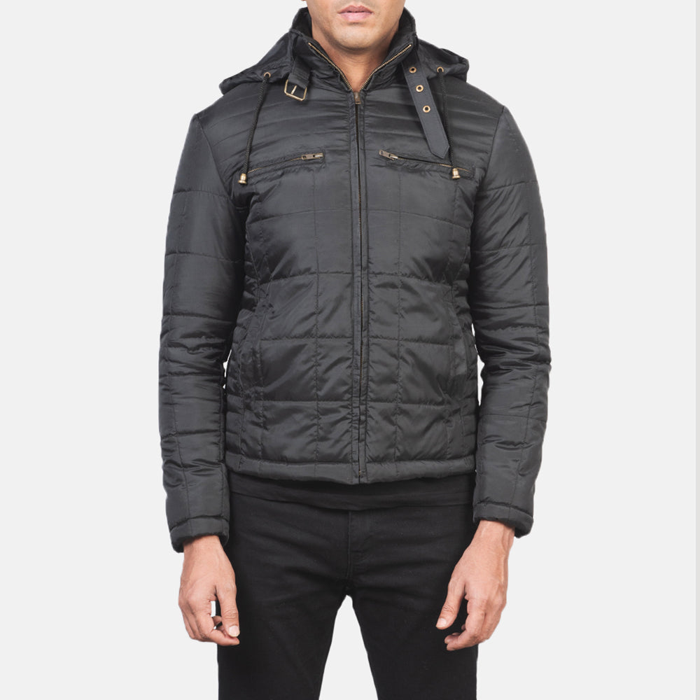 Detalle de cerca of High neck with Belt &amp; Zipper Hardware on Men's Alps Quilted Black Windbreaker Jacket