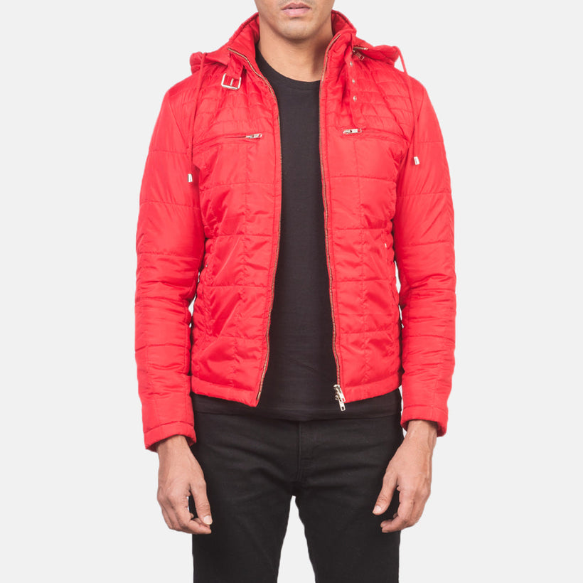 Alps Acolchado Rojo Hooded Windbreaker Chaqueta de Cuero para Hombre