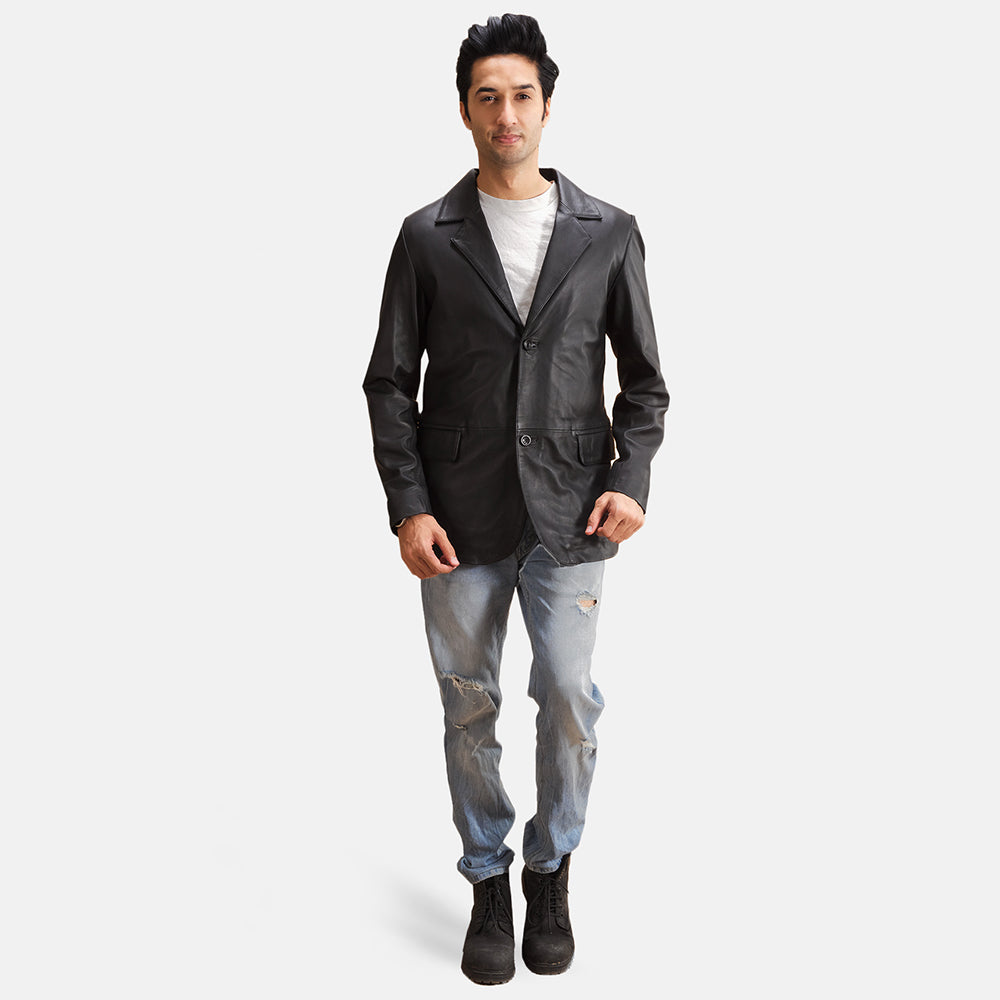 Alyson Negro Blazer de Cuero de Cuero para Hombre - Vista de perfil lateral con corte ergonómico de manga