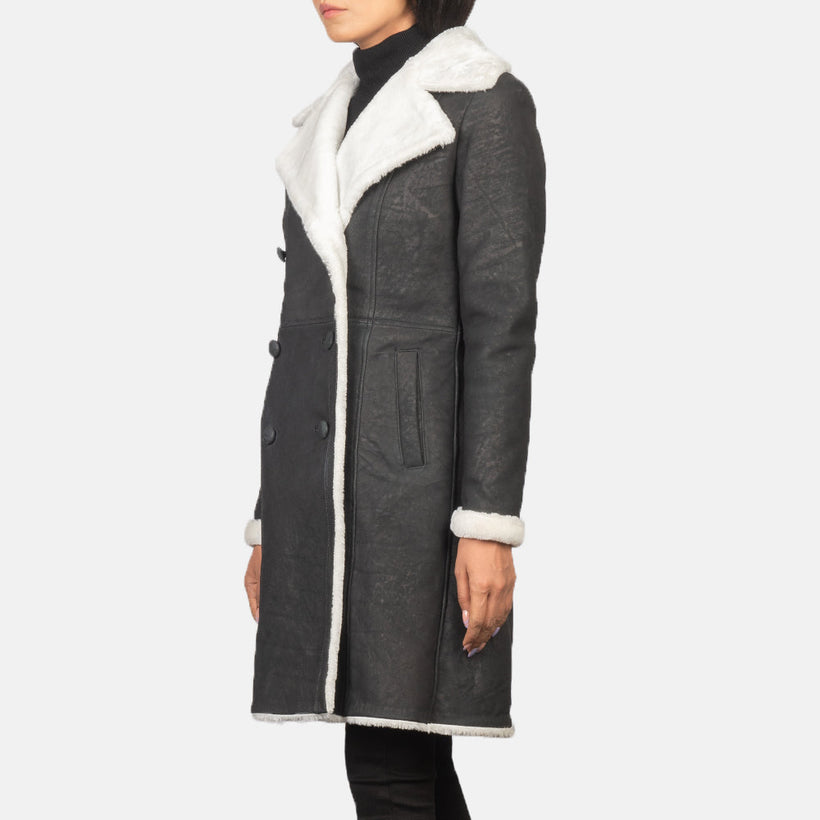 Amie Negro Double-Breasted Shearling Abrigo de Cuero para Mujer