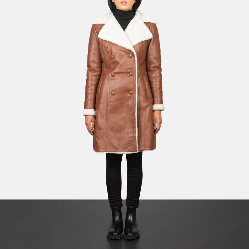 Amie Marrón Double-Breasted Shearling Abrigo de Cuero para Mujer