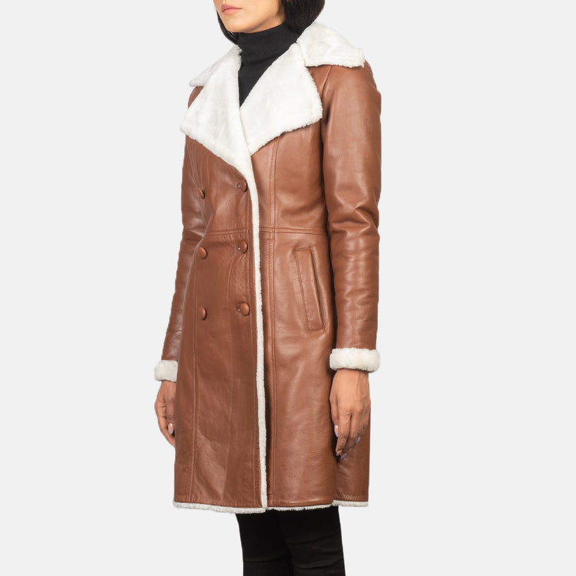 Amie Marrón Double-Breasted Shearling Abrigo de Cuero para Mujer