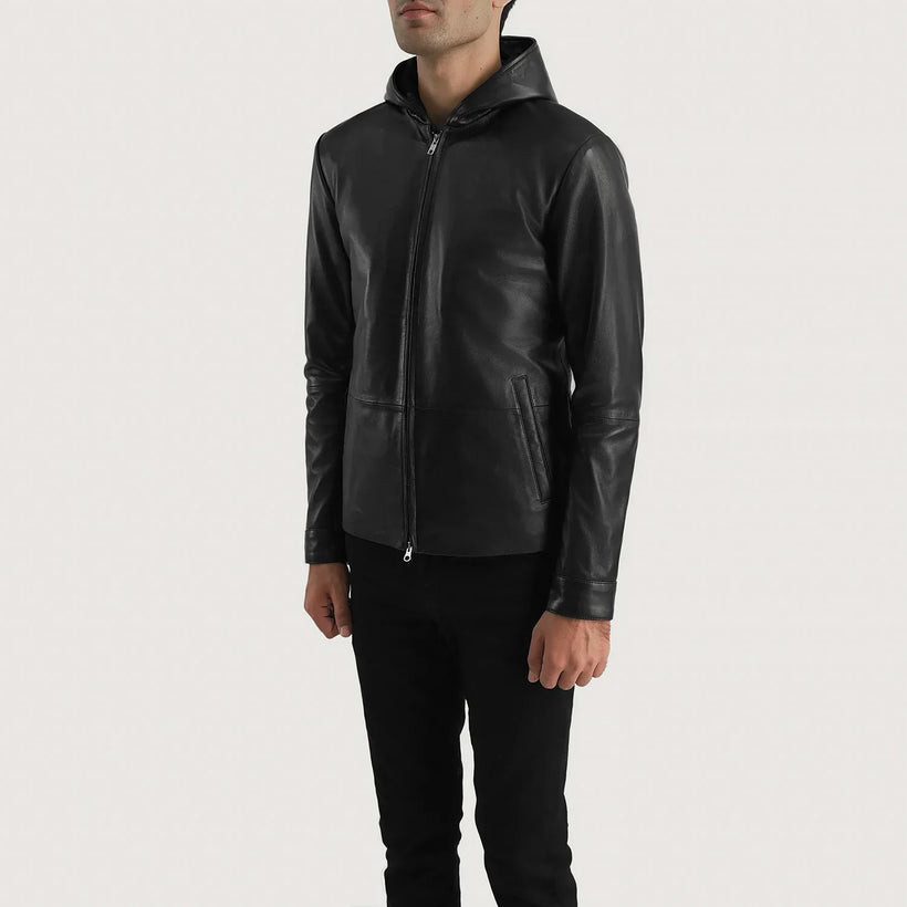 Andy Matte Negro Hooded Chaqueta de Cuero para Hombre