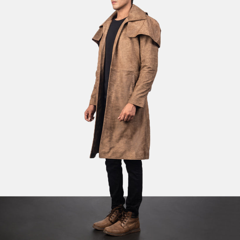 Army Marrón Leather Duster para Hombre