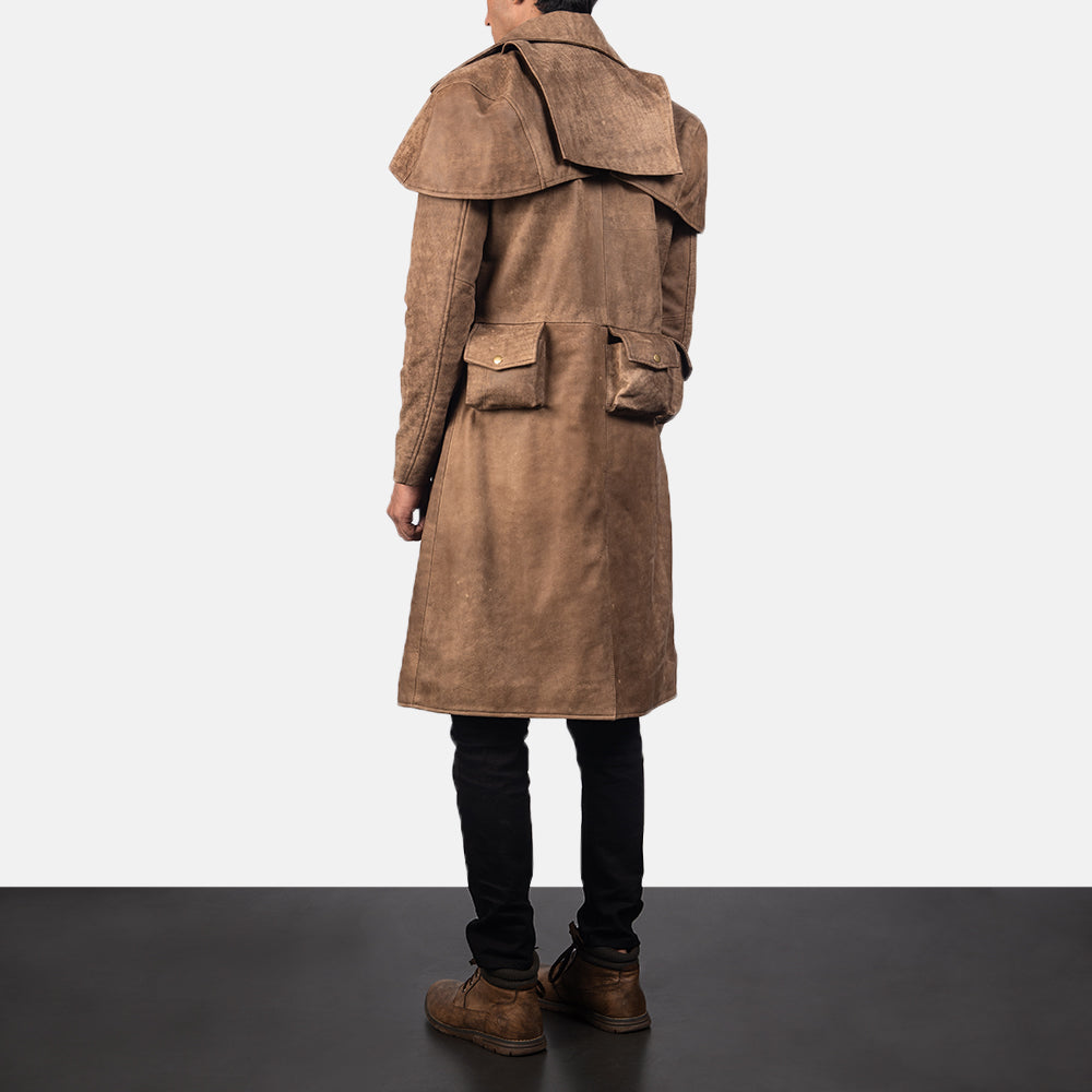 Men's Army Marrón Leather Duster para Hombre - Vista de perfil lateral con corte ergonómico de manga
