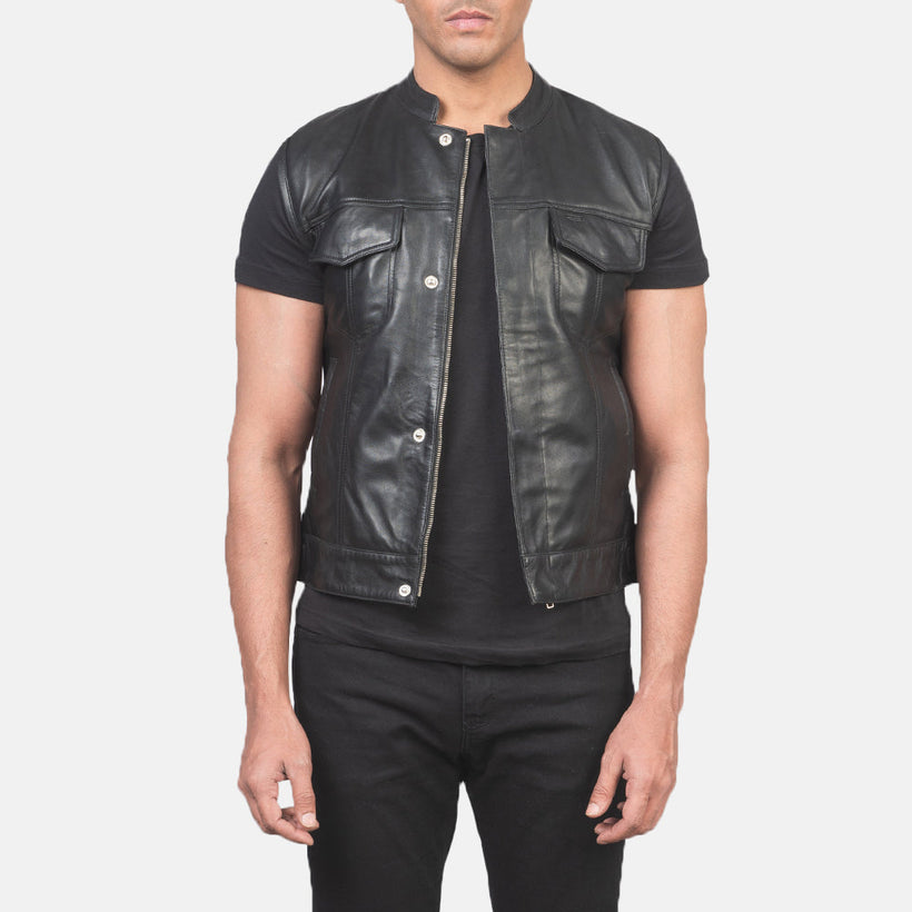 Atlas Moto Negro Chaleco de Cuero para Hombre
