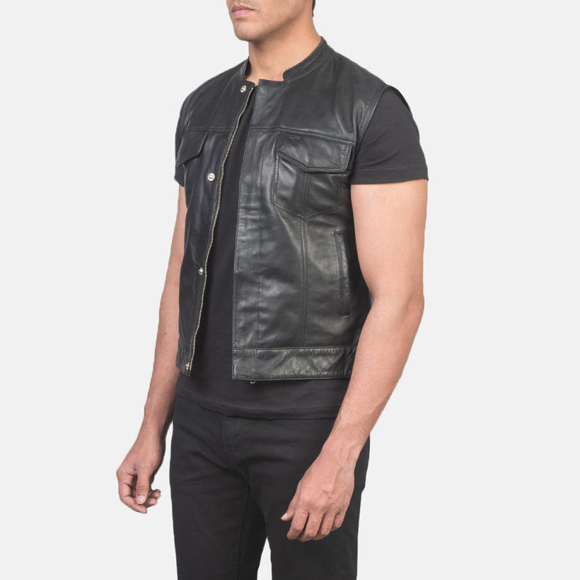 Atlas Moto Negro Chaleco de Cuero para Hombre